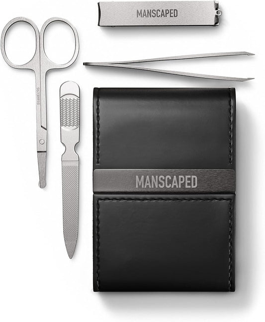 MANSCAPED¨ Shears 2.0 Tempered Stainless Steel Men's Nail Kit, Fingernail Clippers, Safety Scissors, Tweezers and Nail File, Travel Manicure Pedicure Set, 4-Piece Luxury Grooming Kit with Compact Case