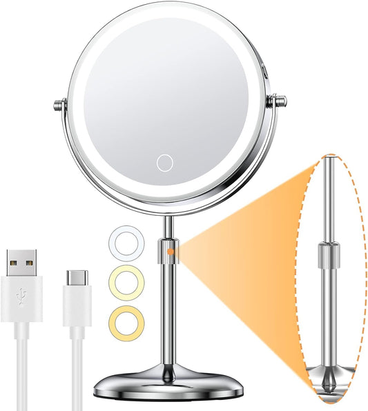 Gospire Lighted Makeup Mirror with Magnification 10X, Height Adjustable & 3 Color Dimmable Lights 7" Cosmetic Mirror, 360¡ Swivel Double Sided Rechargeable LED Vanity Mirror Cordless Standing Mirror