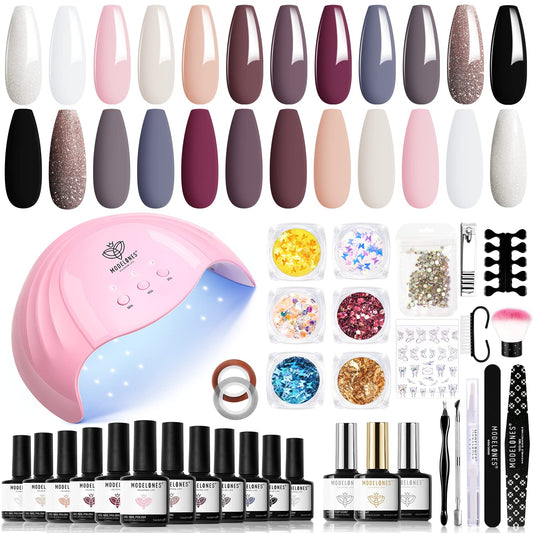 Modelones 35 Pcs Gel Nail Polish Kit with U V Light 48W Nail Lamp - 12 Colors Nude Pink Gray Glitters Gel Polish Kit with Gel Base and Top Coat Nail Glitters Striping Tapes Rhinestones Manicure Tools Salon All-in-One Nail Polish DIY at Home Gift