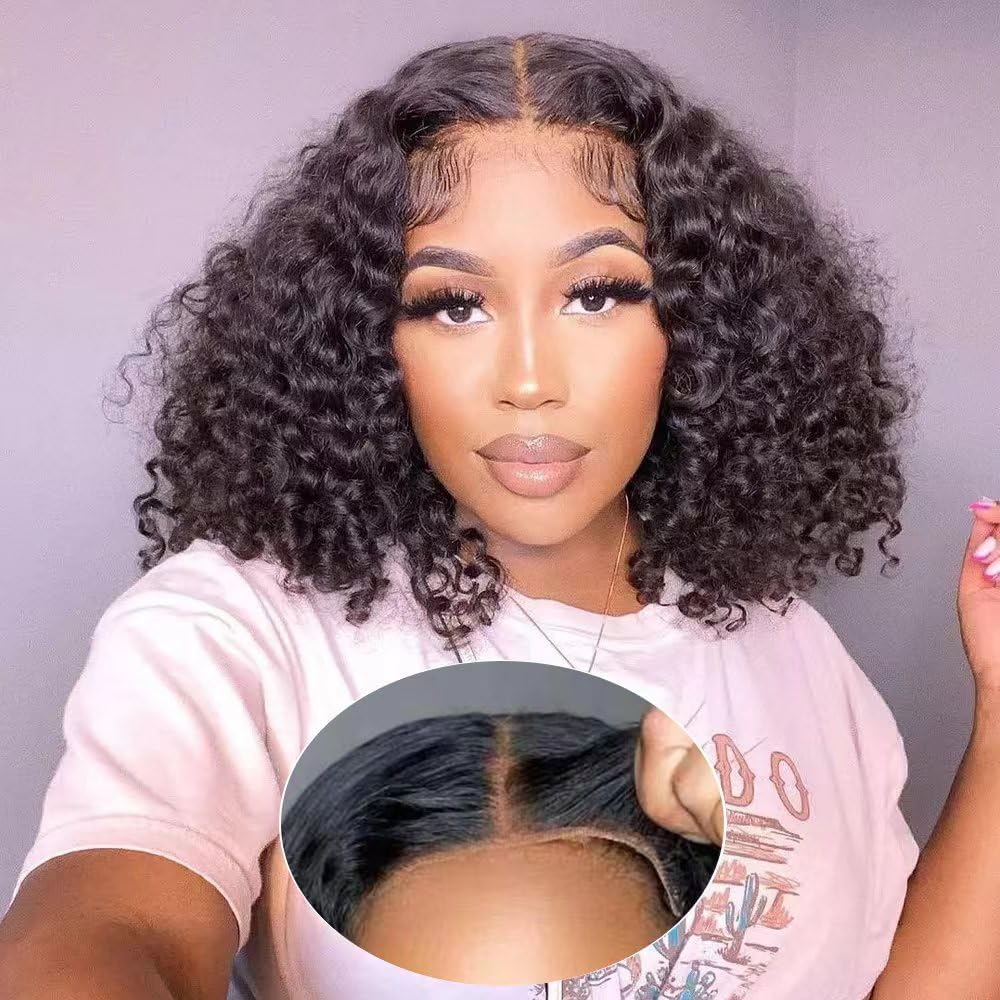 Xinjiju Wear and Go Glueless Wig Short Curly Bob Wigs for Black Women Glueless Human Hair 6x4 Glueless Bob Wig Pre Plucked Pre Cut Natural Hairline Water Wave Lace Front Wigs 180% Density 12 Inch