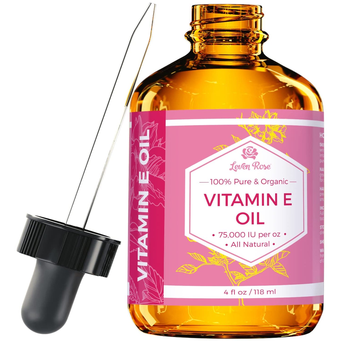 Leven Rose Pure Vitamin E Oil 75,000 IU per oz 100% Natural, Organic for Skin, Face, Hair, Nails, and Scars, 4 oz