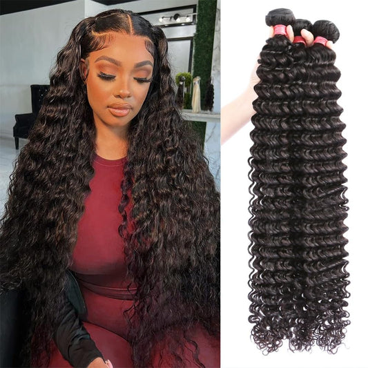 12A Deep Wave Human Hair Bundles 22 24 26 Inch Brazilian Deep Wave Curly Bundles Human Hair 3 Bundles 100% Unprocessed Virgin Remy Wet and Wavy Human Hair Weave Bundles Deals Natural Black