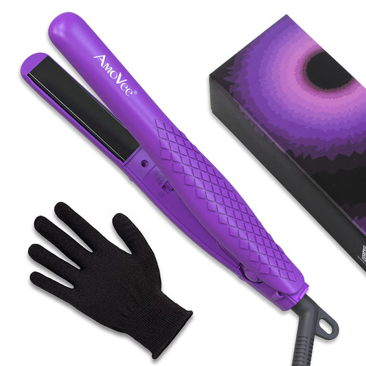 AmoVee Mini Flat Iron Smart Ceramic Tourmaline Hair Straightener Negative Ionic Technology with Heat Resistant Glove for Travel, 1/2 Inch, 110V - 240V, Purple