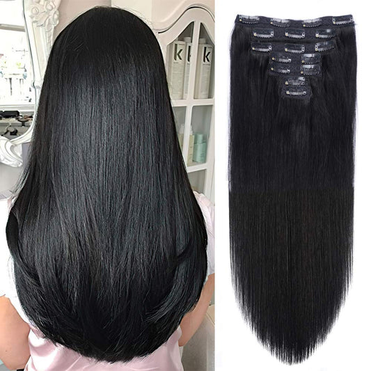 18" Clip in Human Hair Extensions Full Head 150g 7 Pieces 16 Clips Jet Black Double Weft Brazilian Real Remy Hair Extensions Thick Straight Silky (18",150g 1#)