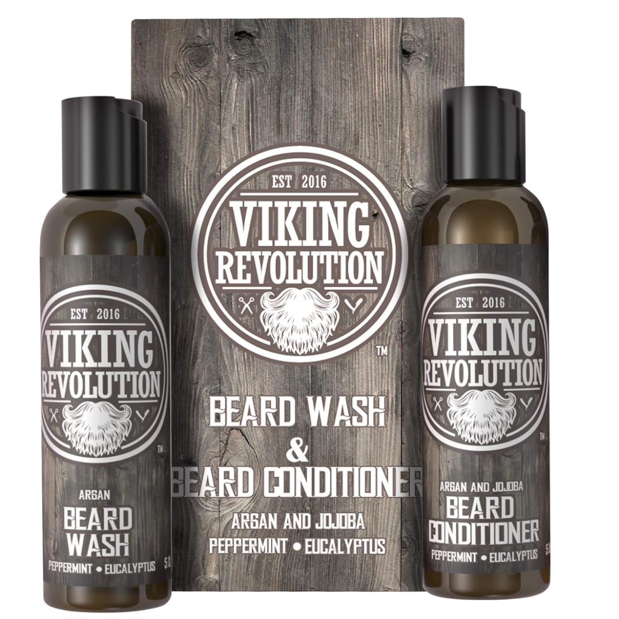 Viking Revolution Beard Wash & Beard Conditioner Set w/Argan & Jojoba Oils Ð Softens, Smooths & Strengthens Beard Growth - Natural Peppermint and Eucalyptus Scent - Beard Shampoo w/Beard Oil (5 oz)