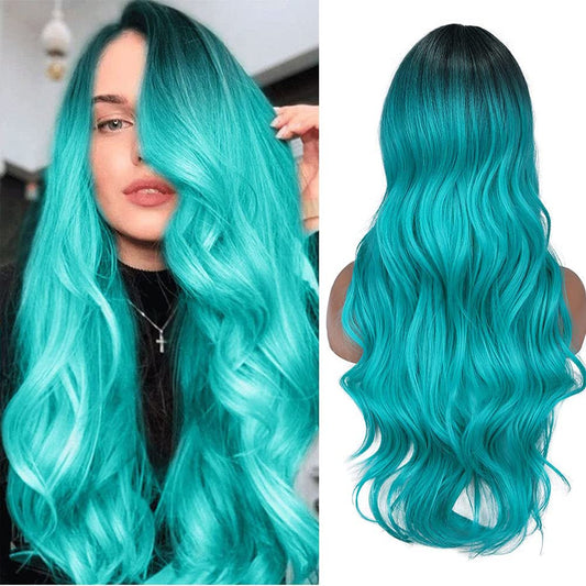 FAVE Ombre Bluish Green Wig Long Wavy Side Part Wig Heat Resistant Synthetic Hair Teal Blue Wig Mermaid Wigs for Women (Ombre Bluish Green)
