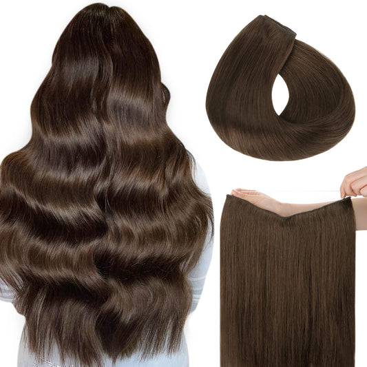 HOTBANANA Wire Hair Extensions, 18 inch 95g Light Dark Brown Fish Line Hair Extensions Real Human Hair Straight Invisible Wire Hair Extensions Remy Hair Extensions