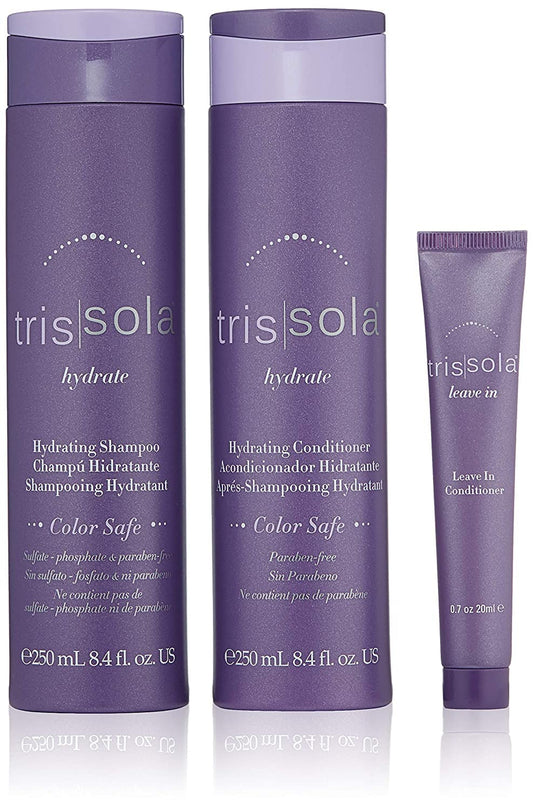 Trissola Hydrate Shampoo and Conditioner Trio - Moisturizing Color-Safe Hair Shampoo and Conditioner (8.4 oz) and Travel Size Leave-In Conditioner Set (0.7 oz)