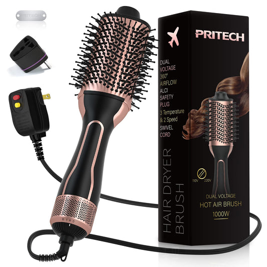 Dual Voltage Hair Dryer Brush, PRITECH Hot Air Brush 110V-120V/220V-240V Ionic 1000W Blow Dryer Brush 4 in 1 Styler, One Step Volumizer,Styling Brush for Straight and Curling Hair Salon