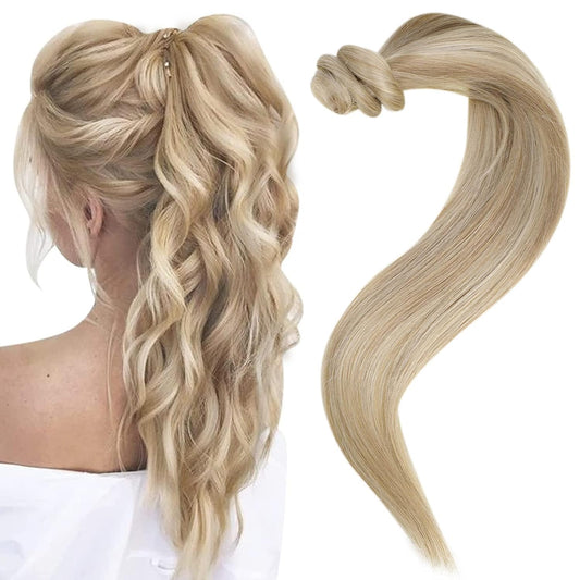 Easyouth Blonde Ponytail Extension, Human Hair Wrap Around Ponytail Human Hair Blonde Highlighted Light Blonde Pony Tails Hair Extensions Human Hair Ponytail Extension 14Inch 70g