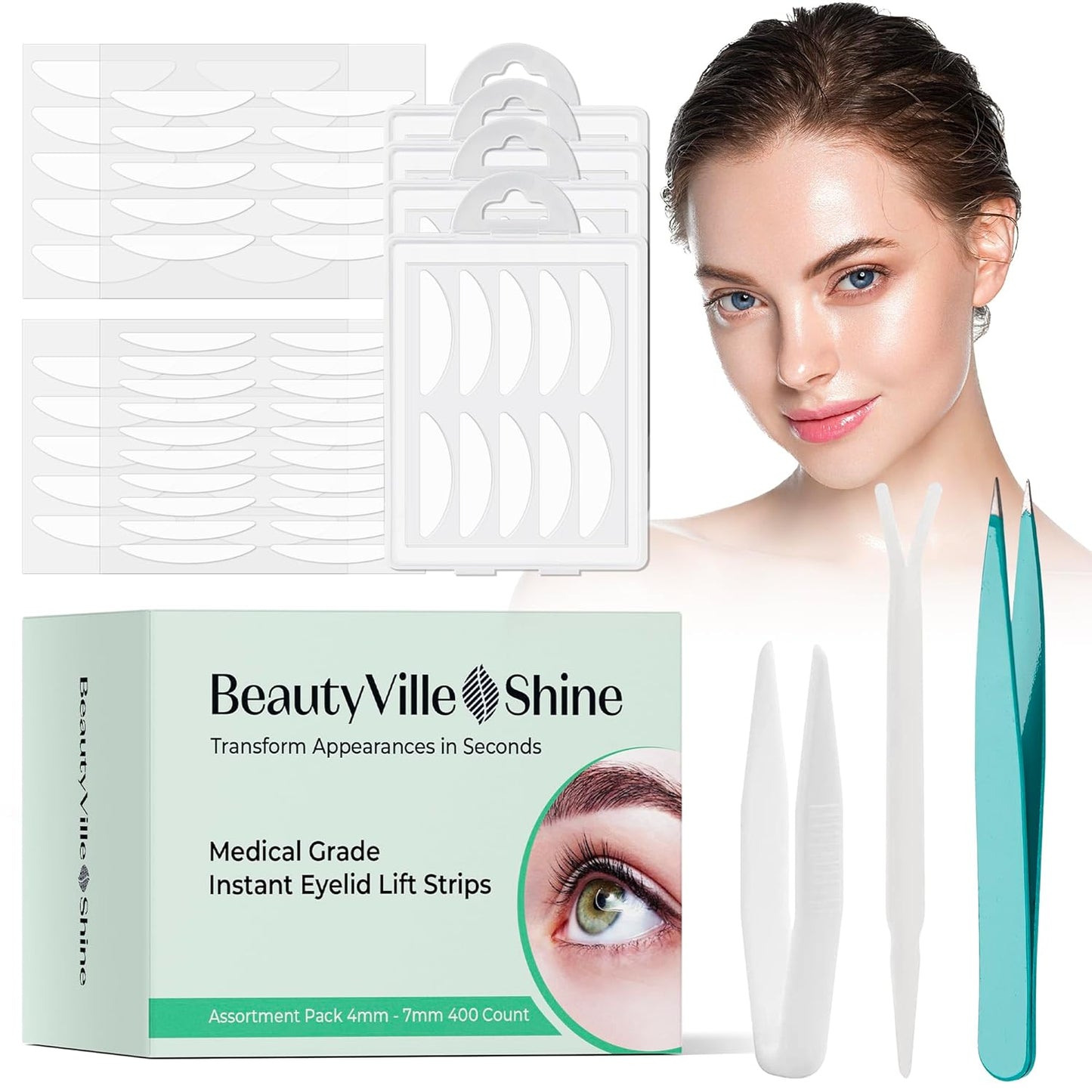 Eyelid Lifter Strips Eyelid Tape - Eyelid Tape for Hooded Eyes Invisible -Lids by Design Eyelid Strips by BeautyVille Shine - Suitable for Heavy & Hooded Lids - Four Designs (4& 5& 6& 7mm) 400ct