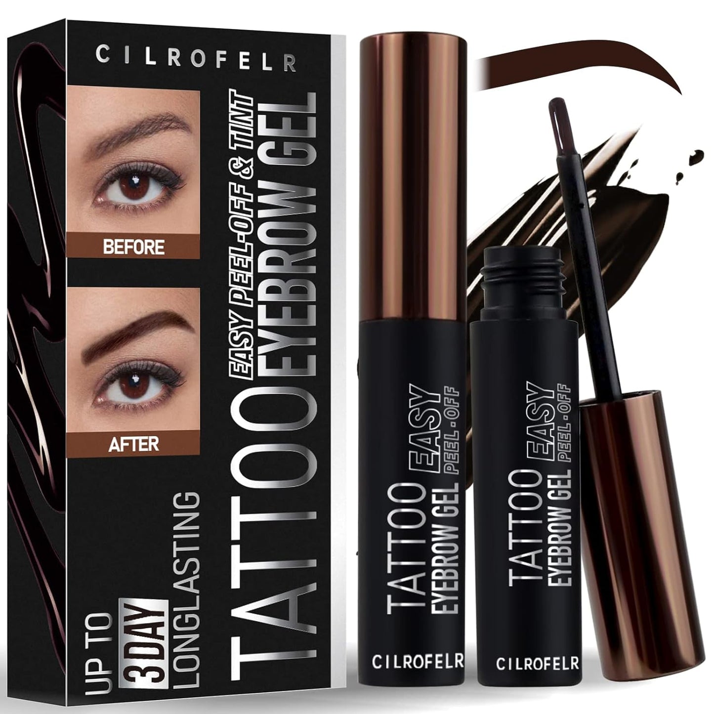 Cilrofelr Tattoo Peel Off Eyebrow Gel Tint, Semi Permanent Brow Tint, Last Up to 3 Days, Waterproof, Transfer-proof, For Fuller & Defined LookingÊBrows, Dark Brown (2 Pack)