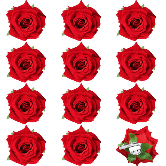 12 Pack Rose Floral Brooch Floral Hair Clips Mexican Hair Flowers Hairpin Party Supplies for Women Rose Hair Accessories Wedding Pack (Red)