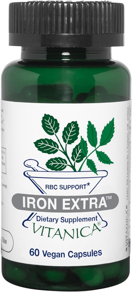 Vitanica Iron Extra, Iron Supplement Enhanced Absorption with Vitamin C 500mg, Methylfolate 400mcg, B12 Vitamin 500mcg, Calcium, Yellow Dock, Dandelion Root & Nettle Leaf Extract, Vegan, 60 Capsules