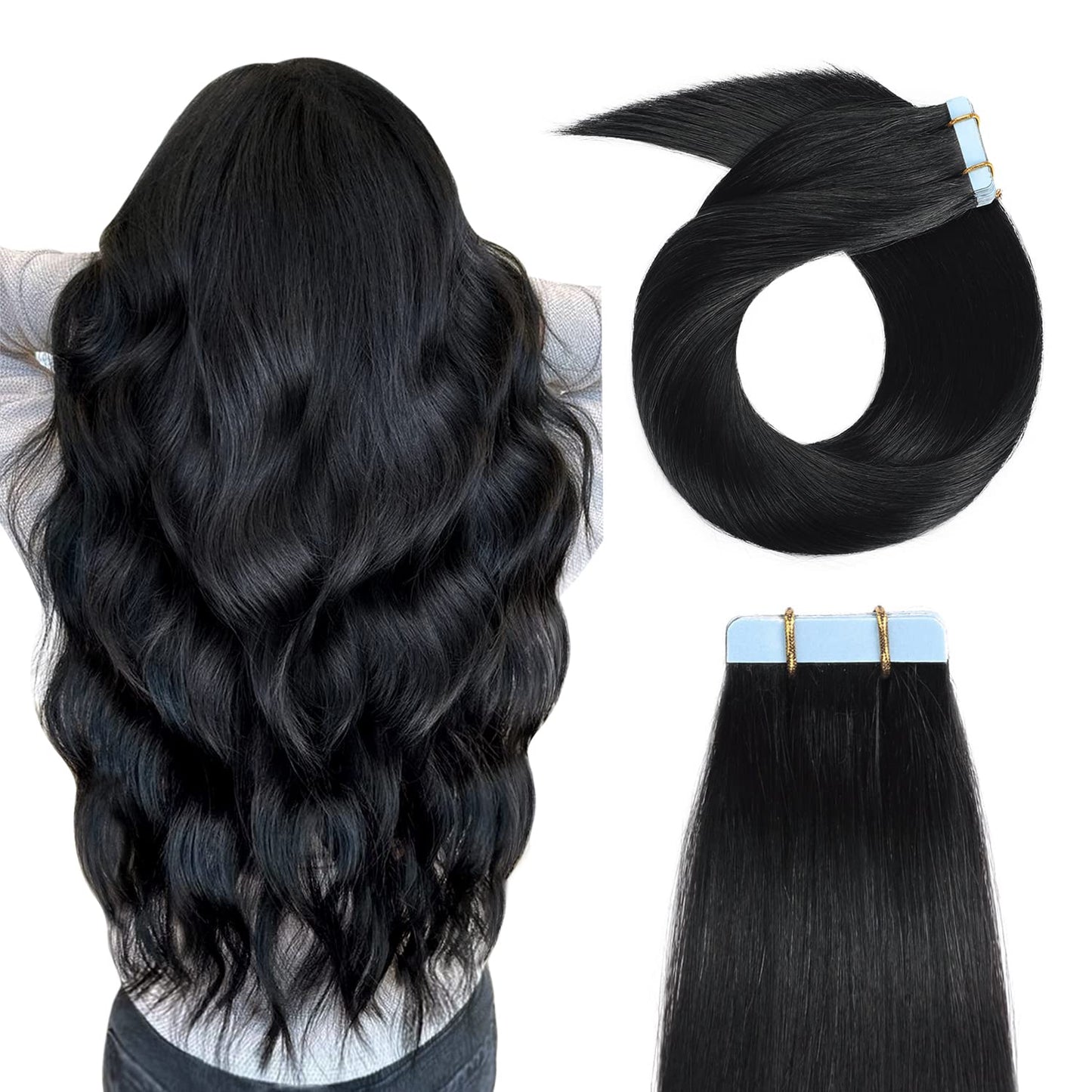 YILITE Tape in Hair Extensions Human Hair Jet Black #1 20 inches 20pcs 50g/pack Straight Seamless Skin Weft Tape in Human Hair Extensions (20Inche Jet Black #1)
