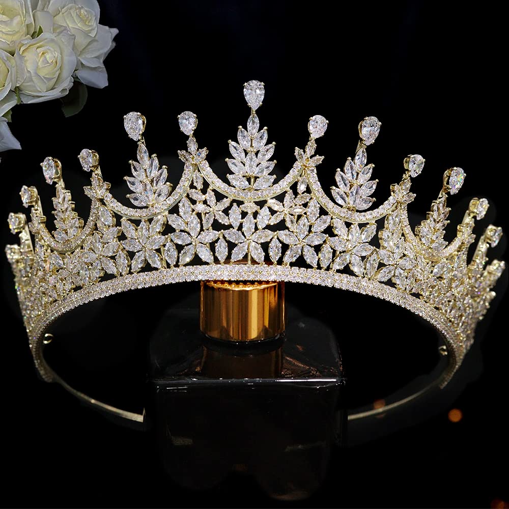 Jorsnovs Cubic Zirconia Gold Wedding Bridal Crowns Princess Sweet 16 CZ Tiara Quinceanera Birthday Hair Accessories for Women