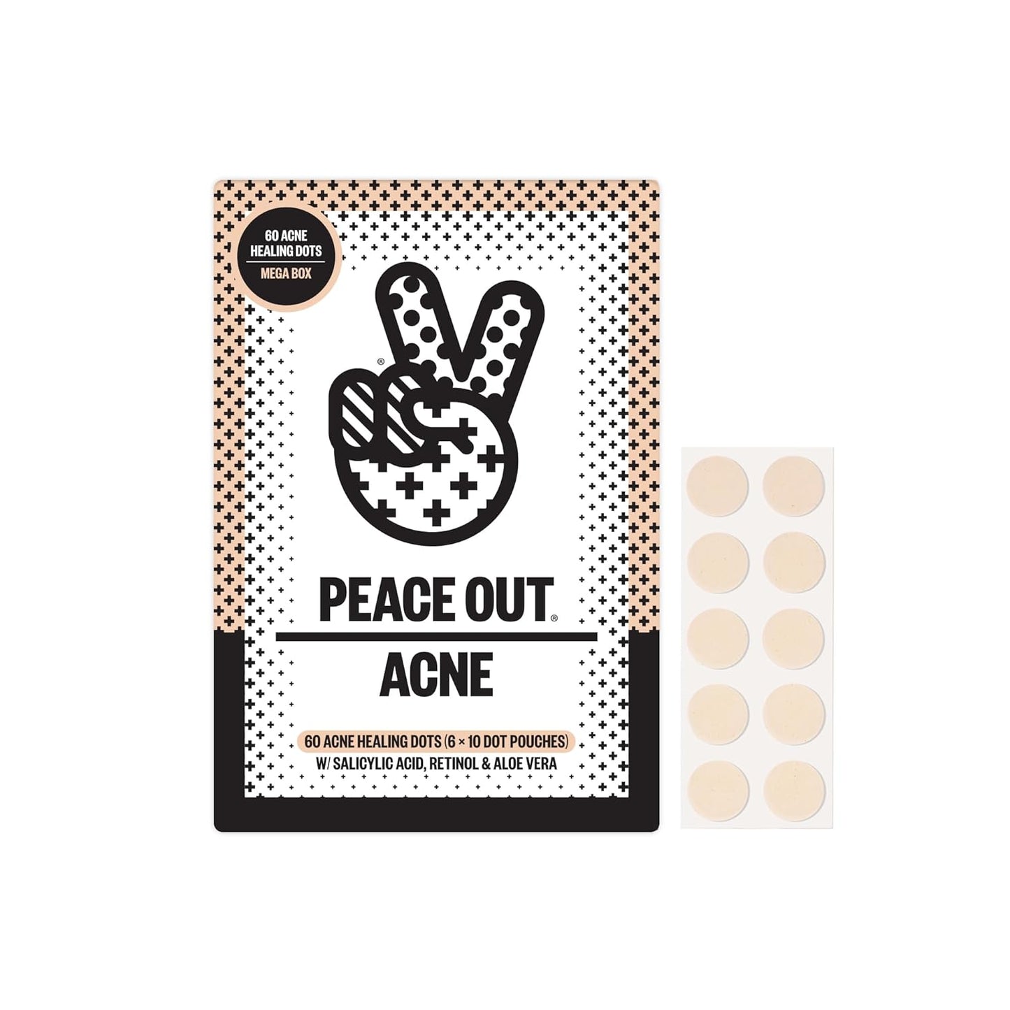Peace Out Skincare Mega Acne Healing Dots. 6-hours Fast Acting Anti-Acne Hydrocolloid Pimple Patches with Salicylic Acid to Clear Blemishes Overnight (60 dots)