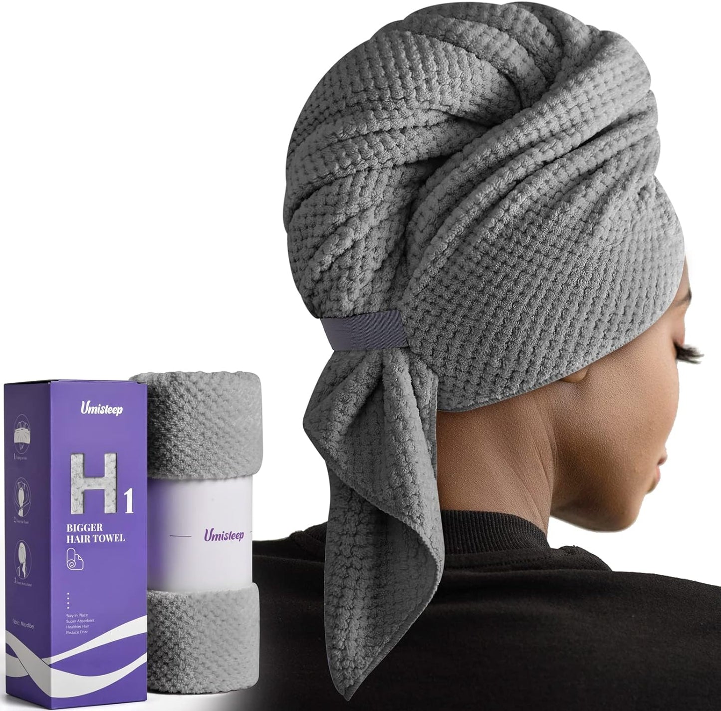 Umisleep Extra Large Microfiber Hair Towel for Women Long, Curly, Thick Hair, Super Soft Anti Frizz Quick Dry Hair Towel Wrap, Ultra Absorbent Hair Turban with Elastic Band Grey
