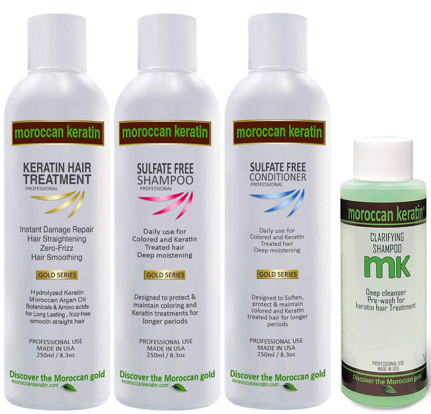 Moroccan Keratin Gold Series Brazilian Keratin Hair Treatment Blowout Smoothing Straightening Hair Professional Salon Grade Long Lasting Natural Organic Results (Large 4 pc set)