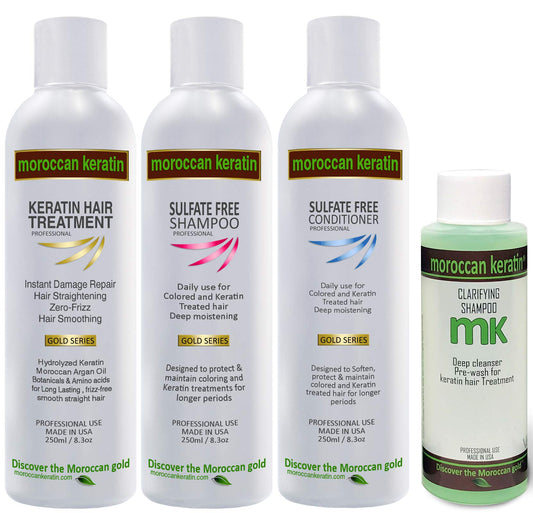 Moroccan Keratin Gold Series Brazilian Keratin Hair Treatment Blowout Smoothing Straightening Hair Professional Salon Grade Long Lasting Natural Organic Results (Large 4 pc set)
