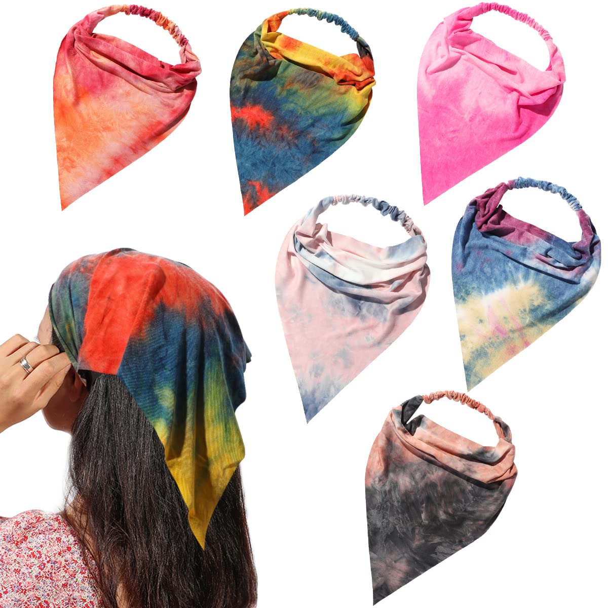 6 Pack Hair Scarf Headband for Women - Elastic Hair Kerchief Boho Large Triangle Bandana Head Scarf with Clips Non Slip Tie Dye Headbands Scarves for Girls