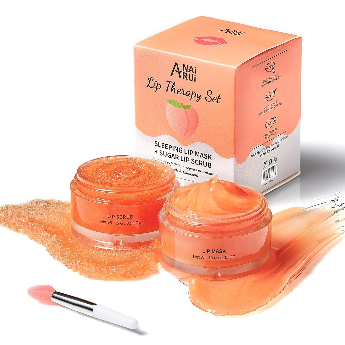 ANAiRUi Lip Balm Mask&Lip Scrub Set, Lip Care Kit - Lip Sleeping Mask Moisturizer and Lip Exfoliator Sugar Scrub, Overnight Lip Treatment Repair for Dry Chapped Peel Lips, Lip Lines (Peach + Collagen)