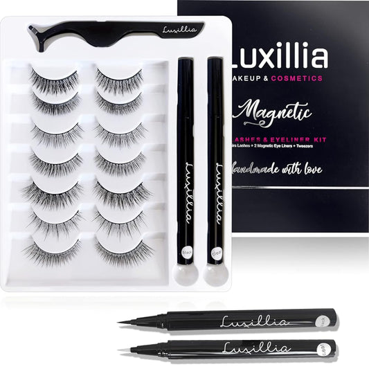 Luxillia (Clear + Black) Magnetic Eyeliner with Eyelashes Kit - Free Applicator Tool, 8D Most Natural Look Eyelash No Magnets Needed - Best Reusable False Eye Lash, Waterproof Liner Pen and Lashes