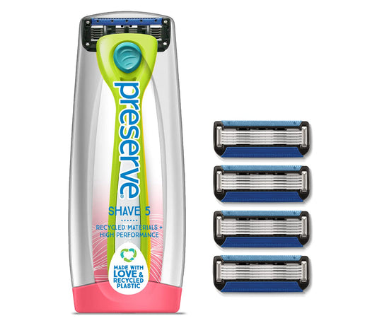 Preserve Shave 5 Five Blade Refillable Razor, Made from Recycled Materials, Key Lime and Preserve Five Blade Replacement Cartridges for Preserve Shave Five Recycled Razor (4 Count) Bundle