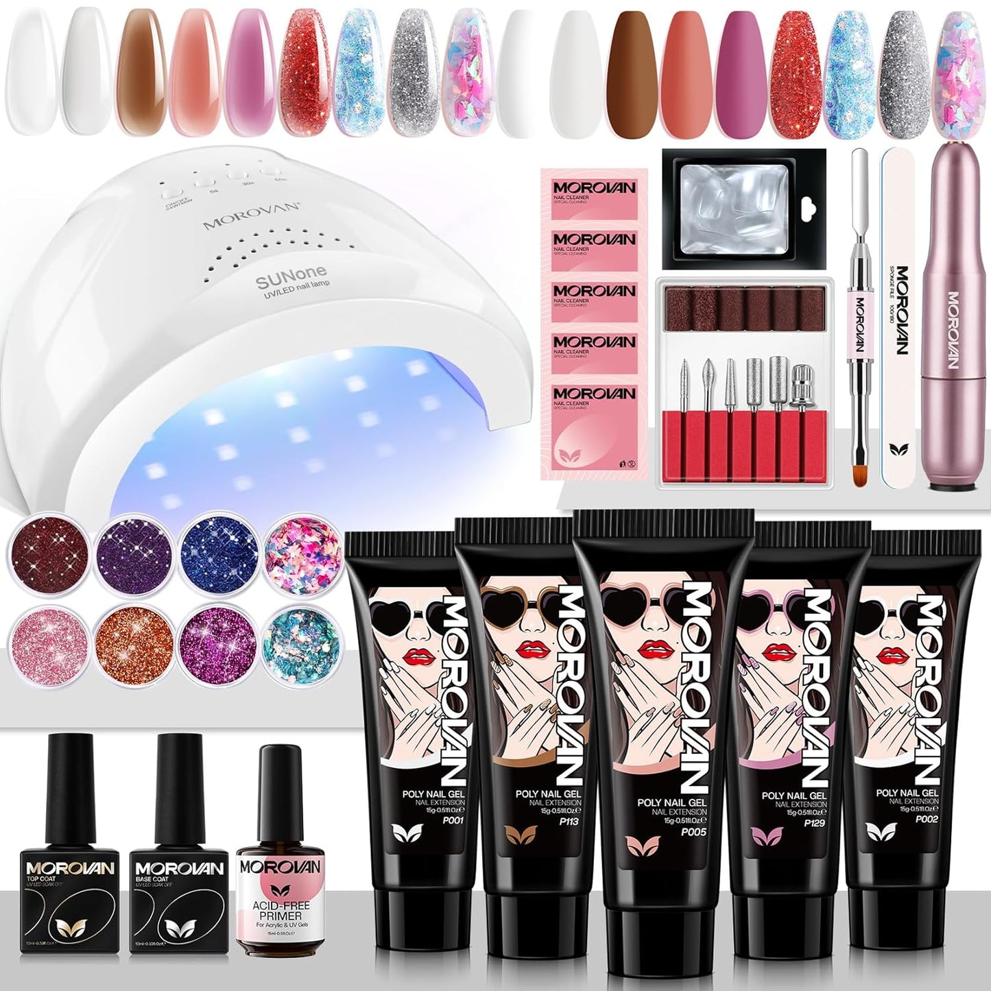 Morovan Poly Gel Nail Kit: Poly Nail Gel Kit with Drill and 48W LED Nail Lamp Poly Gel Starter Kit With Slip Solution Base Coat and Top Coat Nail Extension Gel