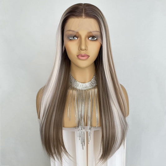 CIMITIKI Ash Blonde Brown Highlight Platinum Lace Front Wigs Dark Root Ombre Hair 13x4 Long Straight Synthetic Fiber Wig 22Inch for Women Girls