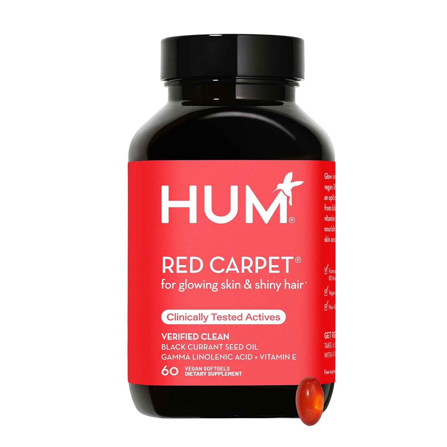 HUM Red Carpet - Skin & Hair Supplement - Black Currant Seed Oil for Glowing Skin & Strong Thicker Hair with Vitamin E & Omegas 3/6 - Hair Growth Vitamins for Women (60 Vegan Softgels)