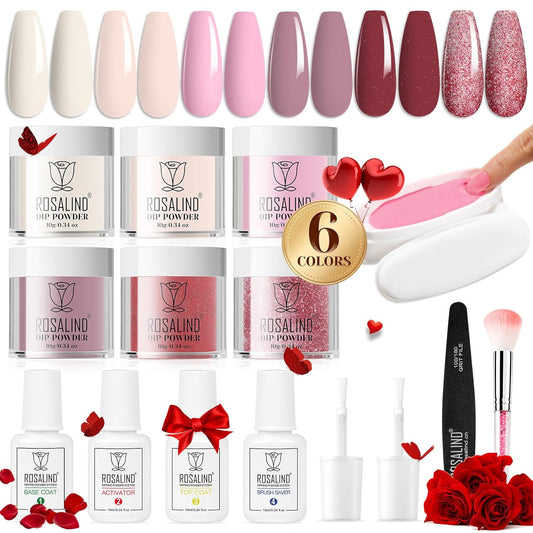 ROSALIND 13PCS Dip Nails Powder Starter Kit, 6 Colors Dip Powder Nail Kit White Pink Glitter Series Nail Dip Powder Colors Set with Base & Top Coat, Brush Restorer and Activator All-in-One Kit Air Drying Dip Powder Manicure for DIY Salon Gift