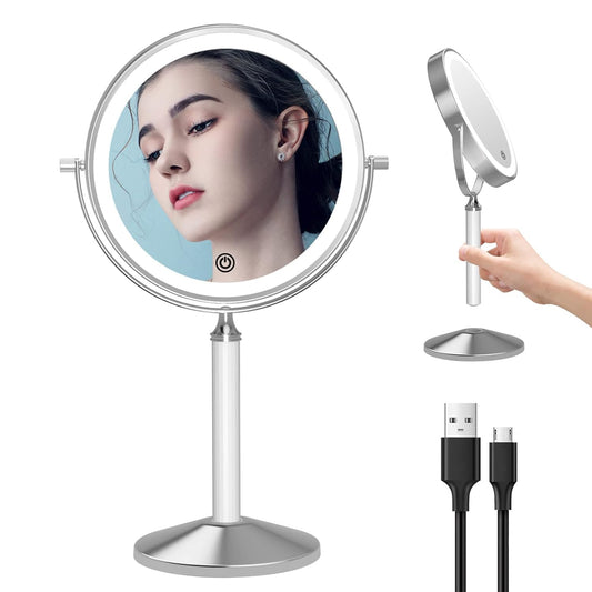 LOVESPEJO Lighted Makeup Mirror with Magnification 1X/10X, 8" Double-Sided Magnifying Mirror with Light, 3 Color Dimmable Detachable Cosmetic Mirror, Rechargeable LED Makeup Mirror, Chrome+White