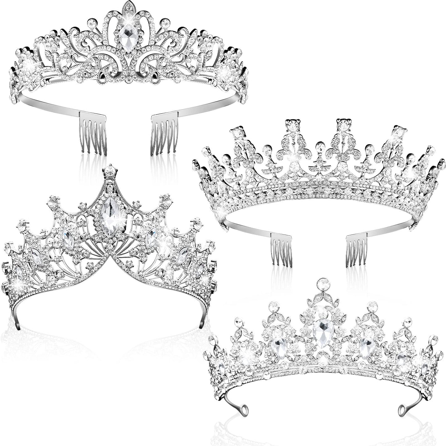 4 Pack Queen Crowns for Women Pageant Crown with Combs Princess Crown for Girls Crystal Rhinestones Tiara Headband Tiara Comb Tiara for Women Comb Birthday Cosplay Wedding（Silver）