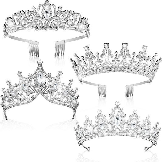 4 Pack Queen Crowns for Women Pageant Crown with Combs Princess Crown for Girls Crystal Rhinestones Tiara Headband Tiara Comb Tiara for Women Comb Birthday Cosplay Wedding（Silver）