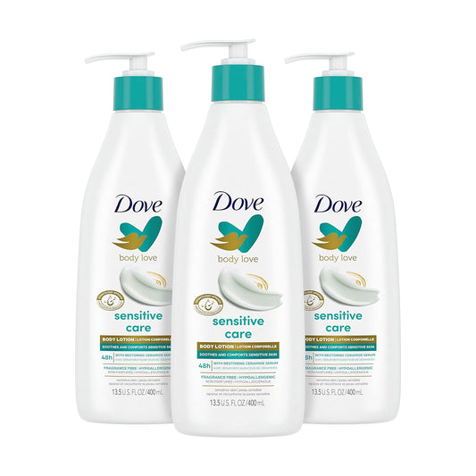 Dove Body Love Sensitive Care Body Lotion Pack of 3 Soothes and Comforts Sensitive Skin Hypoallergenic Lotion with Restoring Ceramide Serum 13.5 oz