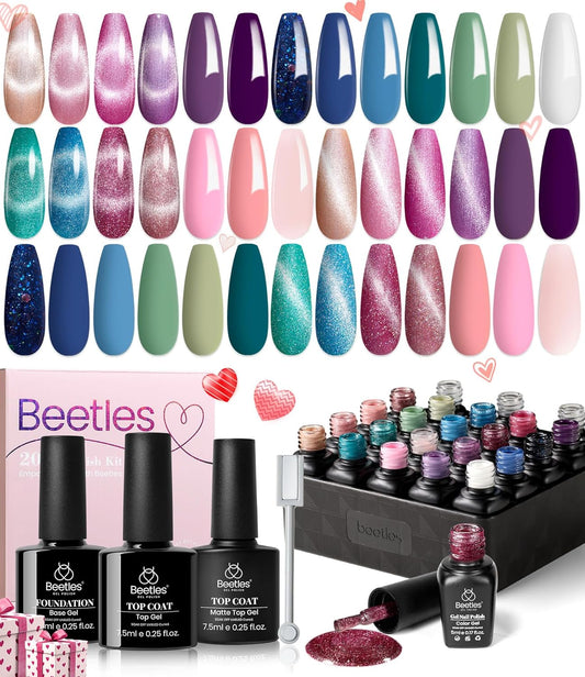 beetles Gel Polish Set 24Pcs Cat Eye Gel Nail Polish Floral Verses Holographic Glitter Blue Pink Green Purple Nail Polish with Magnet Glossy & Matte Gel Top Coat Base Coat UV LED DIY Valentines Nails