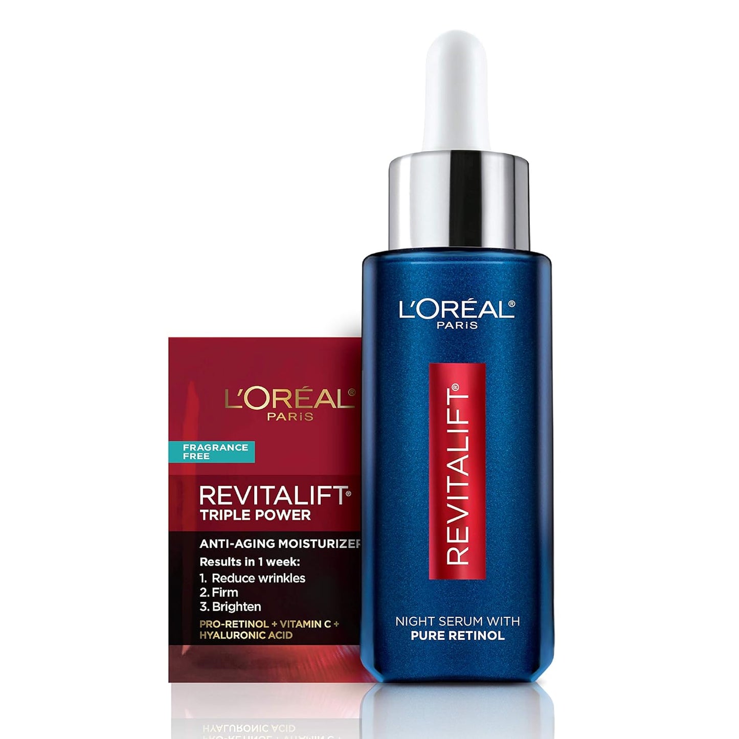 L'Oreal Paris Revitalift 0.3% Pure Retinol Night Serum, Reduce Deep Wrinkles, Fragrance Free 1 oz + Moisturizer Sample