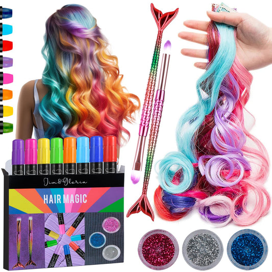 Jim&Gloria Dustless Hair Chalk For Girls With Clip-on Colored Hair, Brushes And Glitters, Temporary Hair Dye For Kids, Gifts for Teen Girls Trendy Stuff, Teenage Age 7 8 9 10 11 12 13 14 Year Old Gift