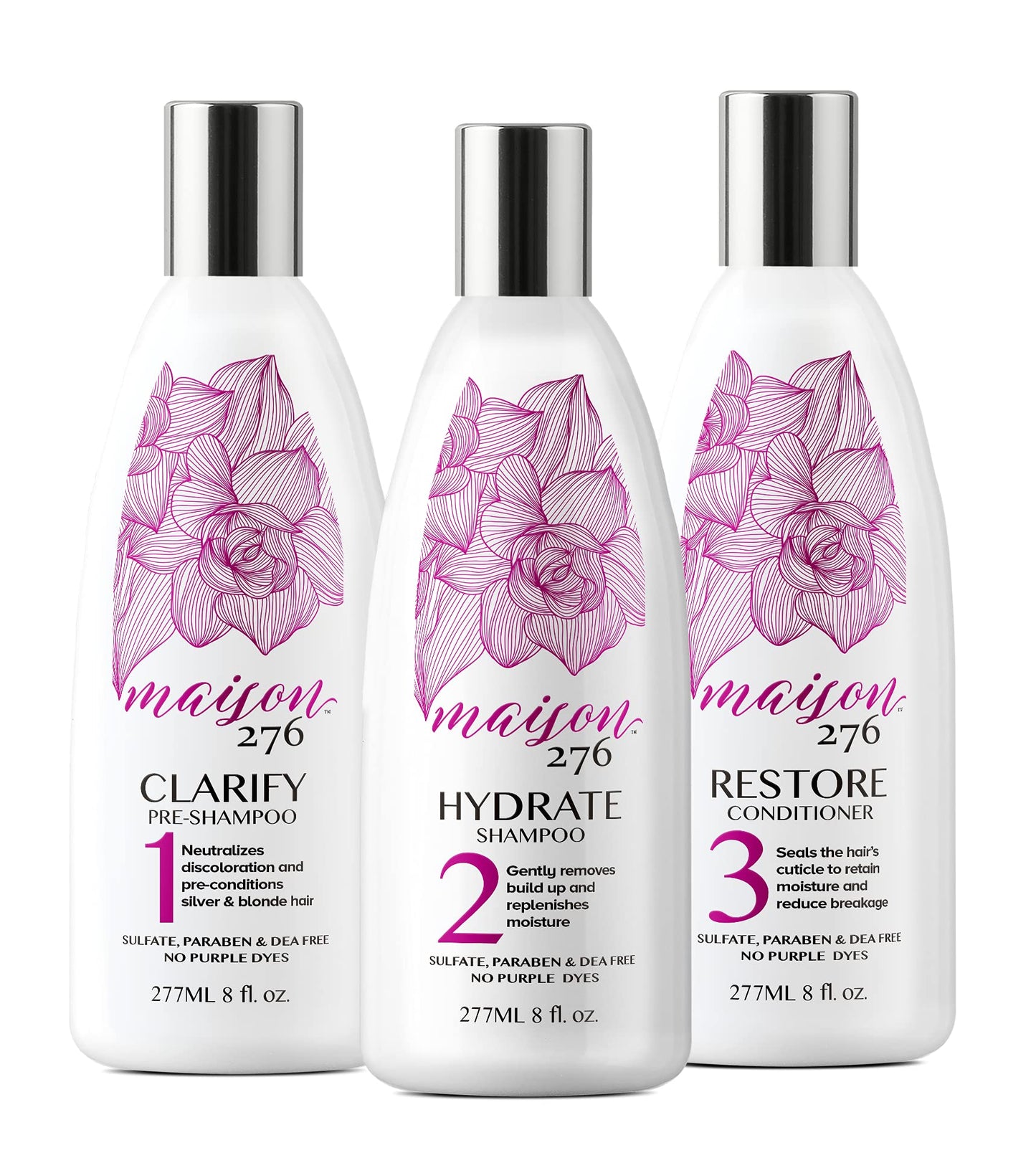 Maison 276 CLARIFY + HYDRATE + RESTORE Trio for Silver and Blonde Hair. Paraben, Sulfate, and DEA free. No Purple Dye. Pack of 3 – 8 oz. bottles