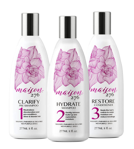 Maison 276 CLARIFY + HYDRATE + RESTORE Trio for Silver and Blonde Hair. Paraben, Sulfate, and DEA free. No Purple Dye. Pack of 3 – 8 oz. bottles