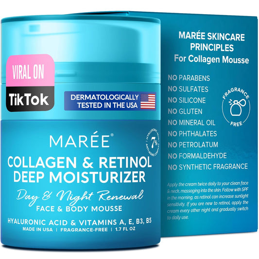 MAREE Face & Body Mousse - Collagen Moisturizer for Skin with Hyaluronic Acid & Retinol - Day & Night Time Facial Cream with Hydrating Effect - Moisturizing Cream for Face with Vitamins A & E - 1.7oz