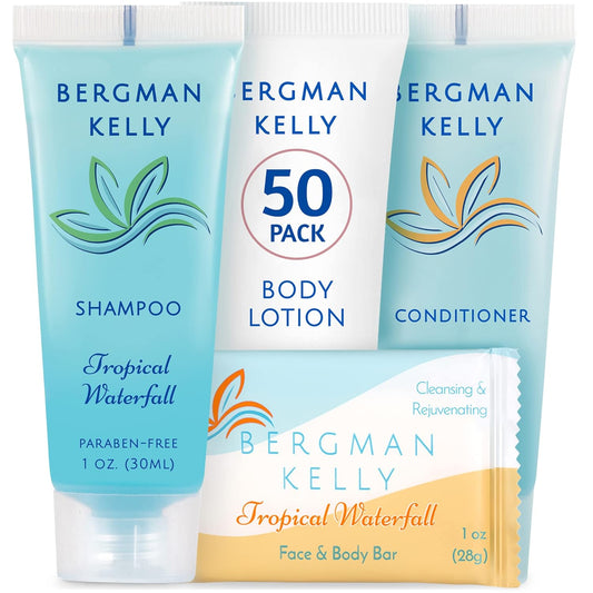 BERGMAN KELLY Hotel Toiletries Bundle (Tropical Waterfall, 1 oz each, 200 Pieces) 4-Piece Set: 50 Rectangular Bar Soap, 50 Shampoo, 50 Conditioner & 50 Body Lotion - Bulk Mini Guest Amenities