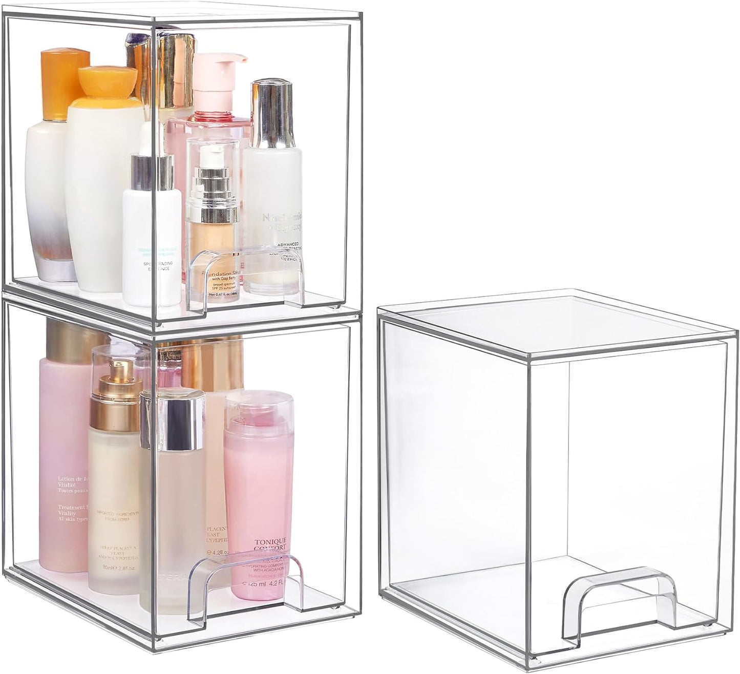 Vtopmart 7.6" H Clear Stackable Storage Drawers, 3 Pack Plastic Organizers Bins for Skincare, Cosmetics,Beauty Supplies,Ideal for Vanity, Bathroom,Kitchen Countertop,Cabinet Organization