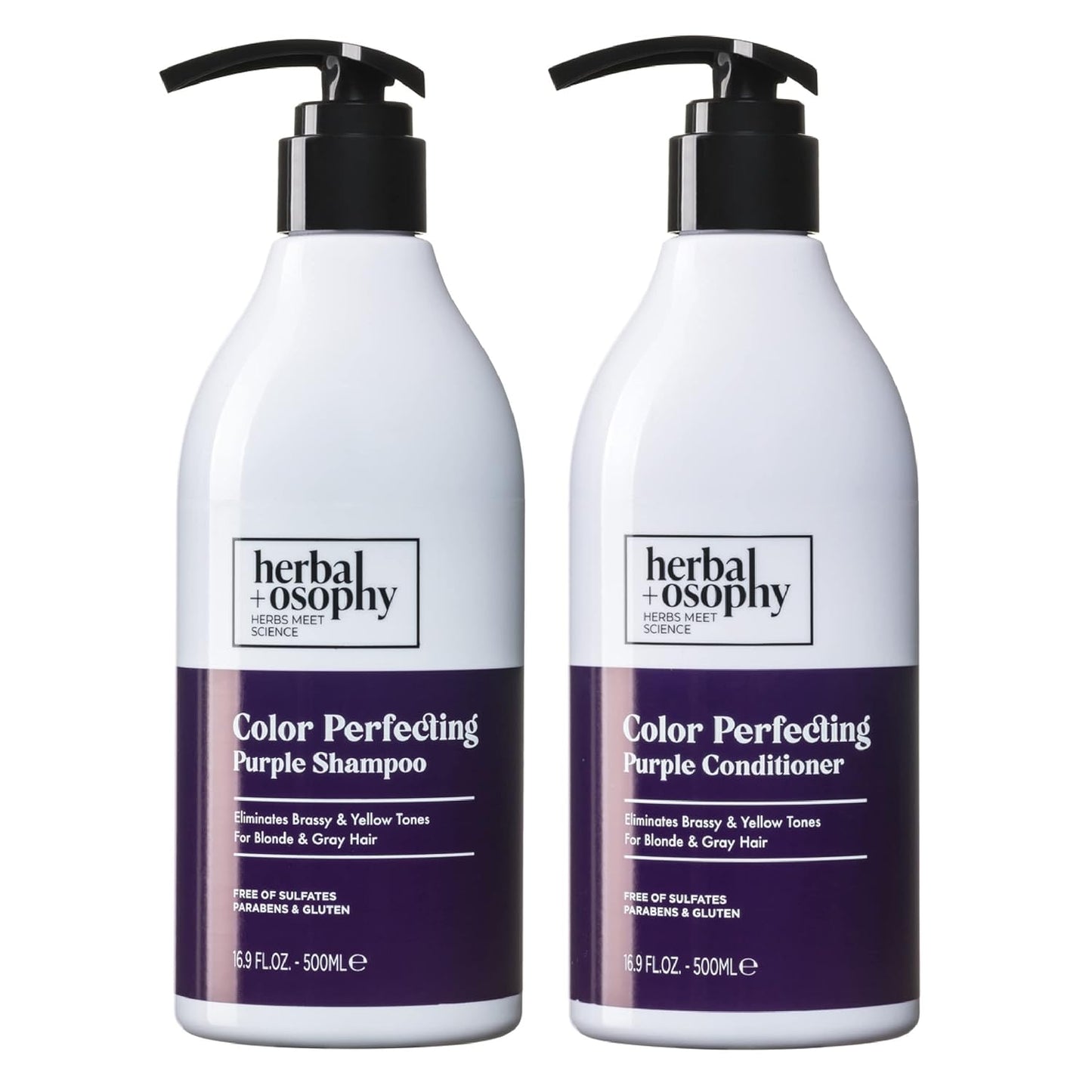 Herbalosophy Purple Shampoo & Conditioner Set, Toning Shampoo Conditioner for Blonde Gray Hair, Eliminates Brassy and Yellow Tones, Infused with Cocos Nucifera Oil, Free of Sulfate, Parabens and Gluten, 2 x 16.9 Fl Oz