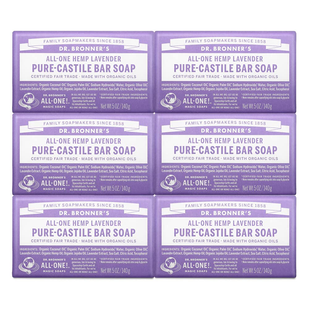 Dr. BronnerÕs - Pure-Castile Bar Soap (Lavender, 5 ounce, 6-Pack) - Made with Organic Oils, For Face, Body and Hair, Gentle and Moisturizing, Biodegradable, Vegan, Cruelty-free, Non-GMO