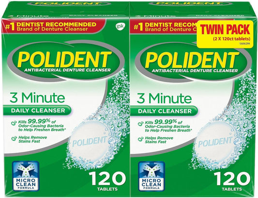 Polident 3 Minute, Antibacterial Denture Cleanser 120 ea (Pack of 2)
