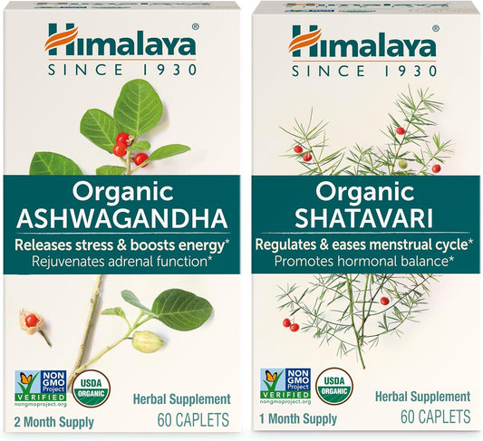 Himalaya Organic Ashwagandha for Energy Support Plus Organic Shatavari for PMS, Menstrual Cramp Relief & Menopause Support, 60 Capsules Each Ð 2 Product Bundle
