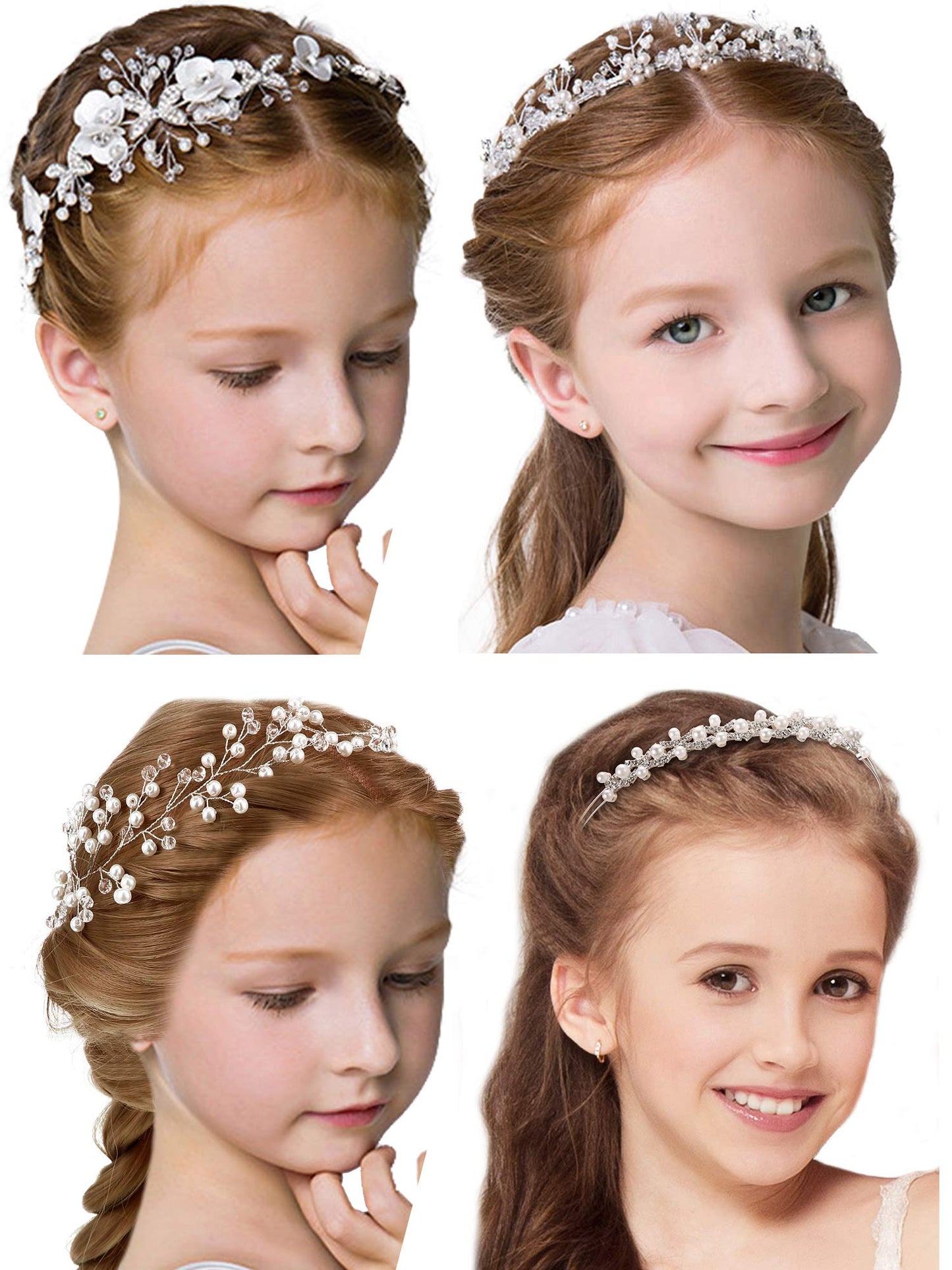 WILLBOND 4 Pcs Flower Girl Headpiece for Wedding Princess Wedding Headband Girl Pearls Hair Piece for Girl Hair Accessory Wedding Party First Communion Veil