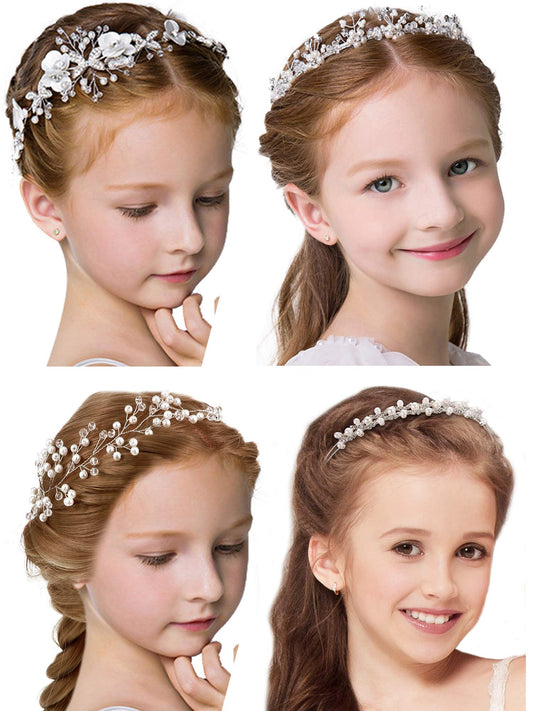 WILLBOND 4 Pcs Flower Girl Headpiece for Wedding Princess Wedding Headband Girl Pearls Hair Piece for Girl Hair Accessory Wedding Party First Communion Veil